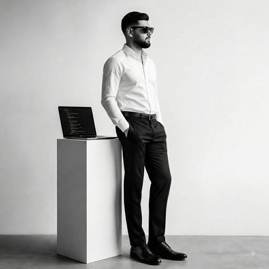 Hasan Younes standing beside a laptop